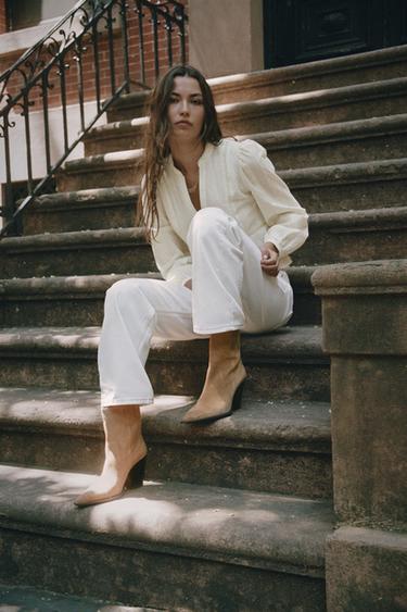 Zara SUEDE COWBOY ANKLE BOOTS - Sandy Brown