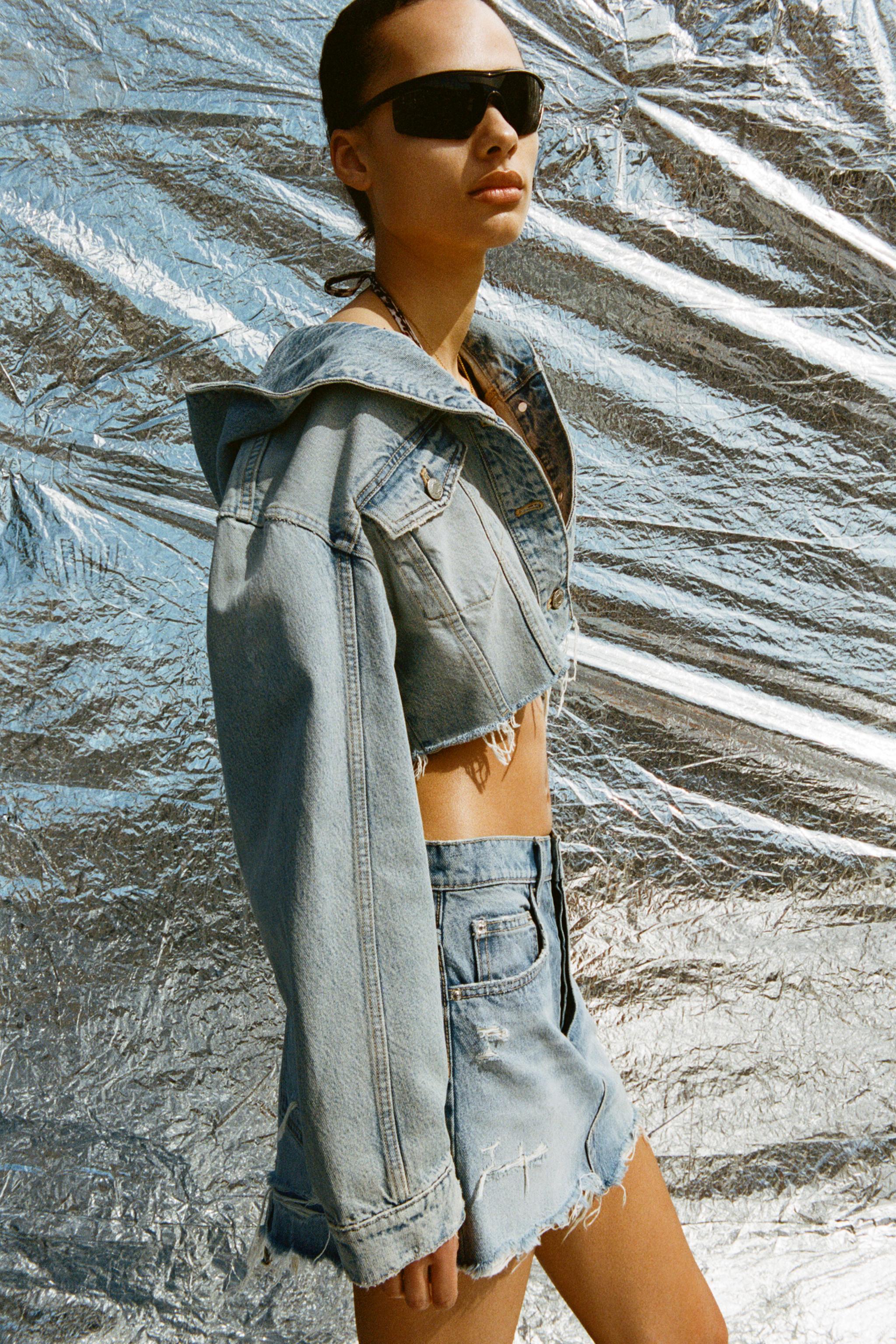 Cropped hooded denim jacket online