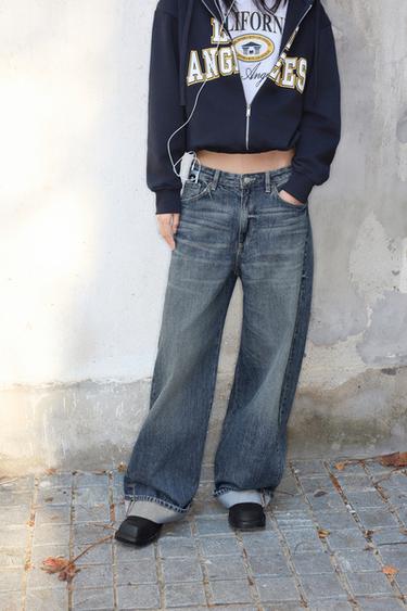 Zara TRF 中腰反摺吊襠牛仔褲 - 藍色