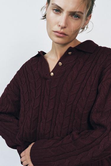 CABLE-KNIT SWEATER - Burgundy by Zara
