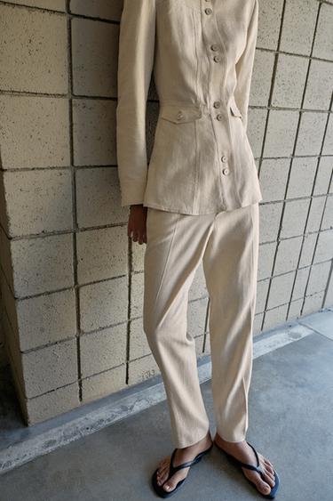 SLIM FIT LINEN BLEND CROPPED TROUSERS - Light beige by Zara - Image 3
