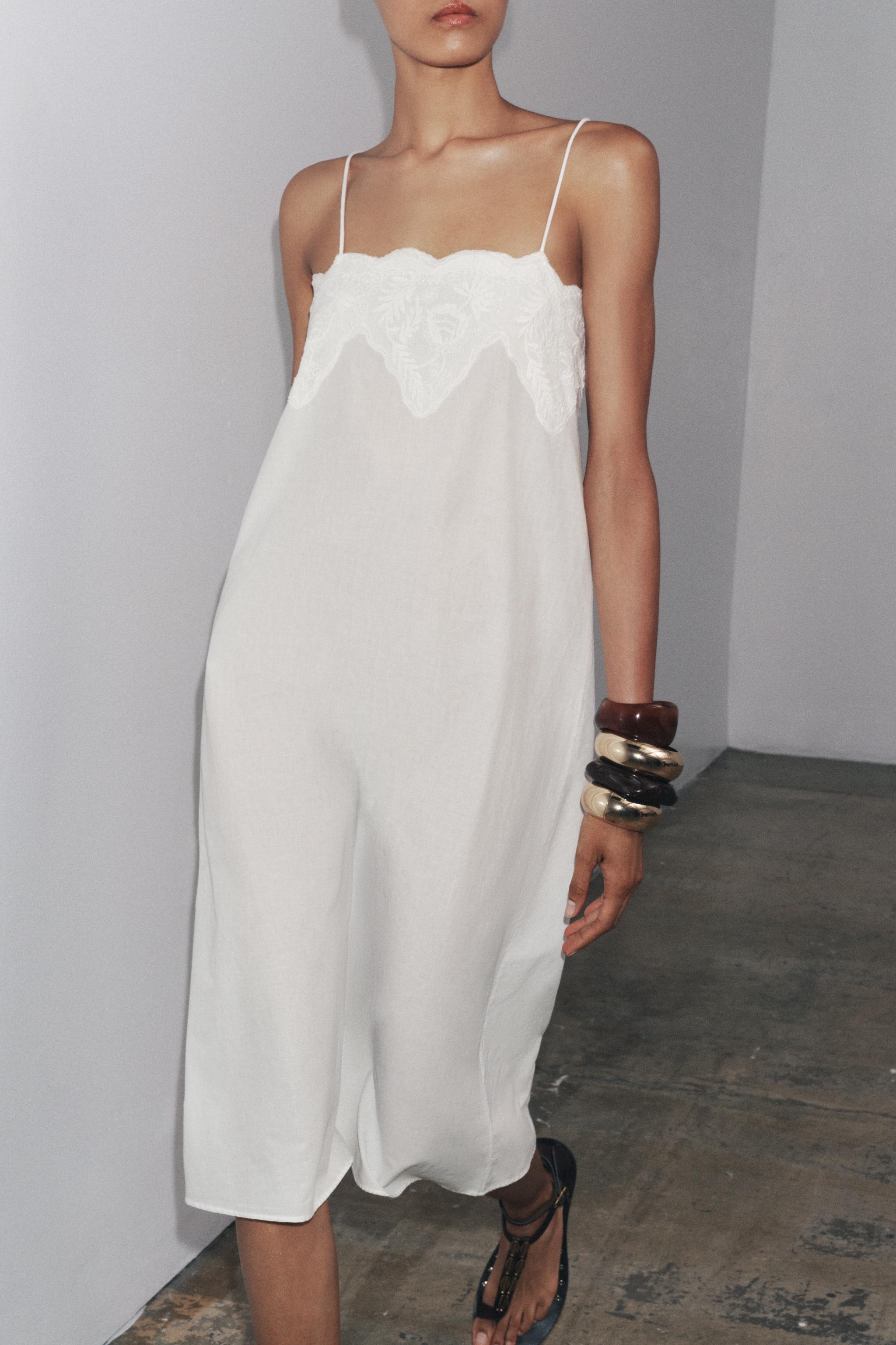 ZW COLLECTION EMBROIDERED STRAP DRESS - White | ZARA United