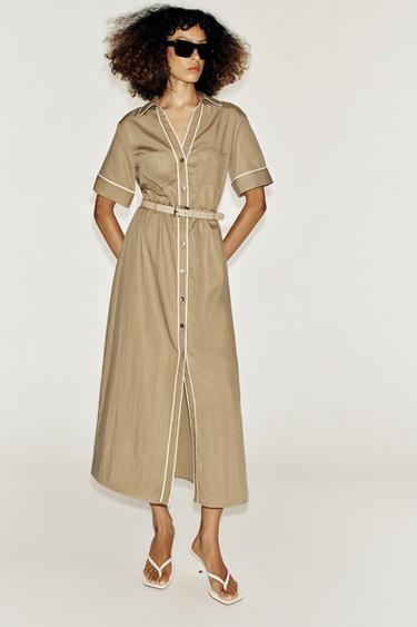 MIDI DRESS WITH CONTRAST TRIMS AND BELT - Dark camel by Zara - Image 0