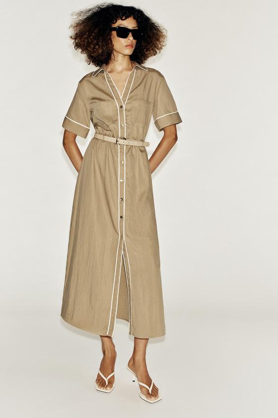 MIDI DRESS WITH CONTRAST TRIMS AND BELT - Dark camel by Zara - Image 0