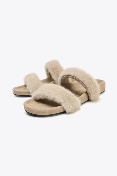 FLAT SANDALS WITH SHEEPSKIN EFFECT - Beige by Zara - Image 2