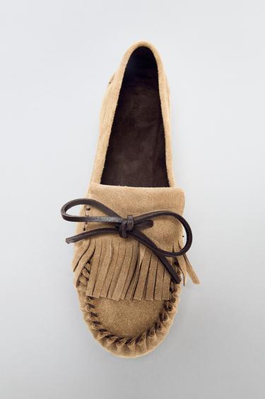 LEATHER LOAFERS WITH KILTIE DETAIL - Beige by Zara