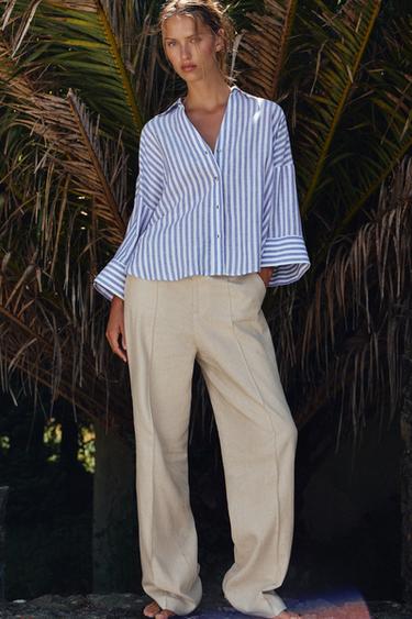 Zara WIDE SLEEVE LINEN SHIRT - Blue / White - Image 0