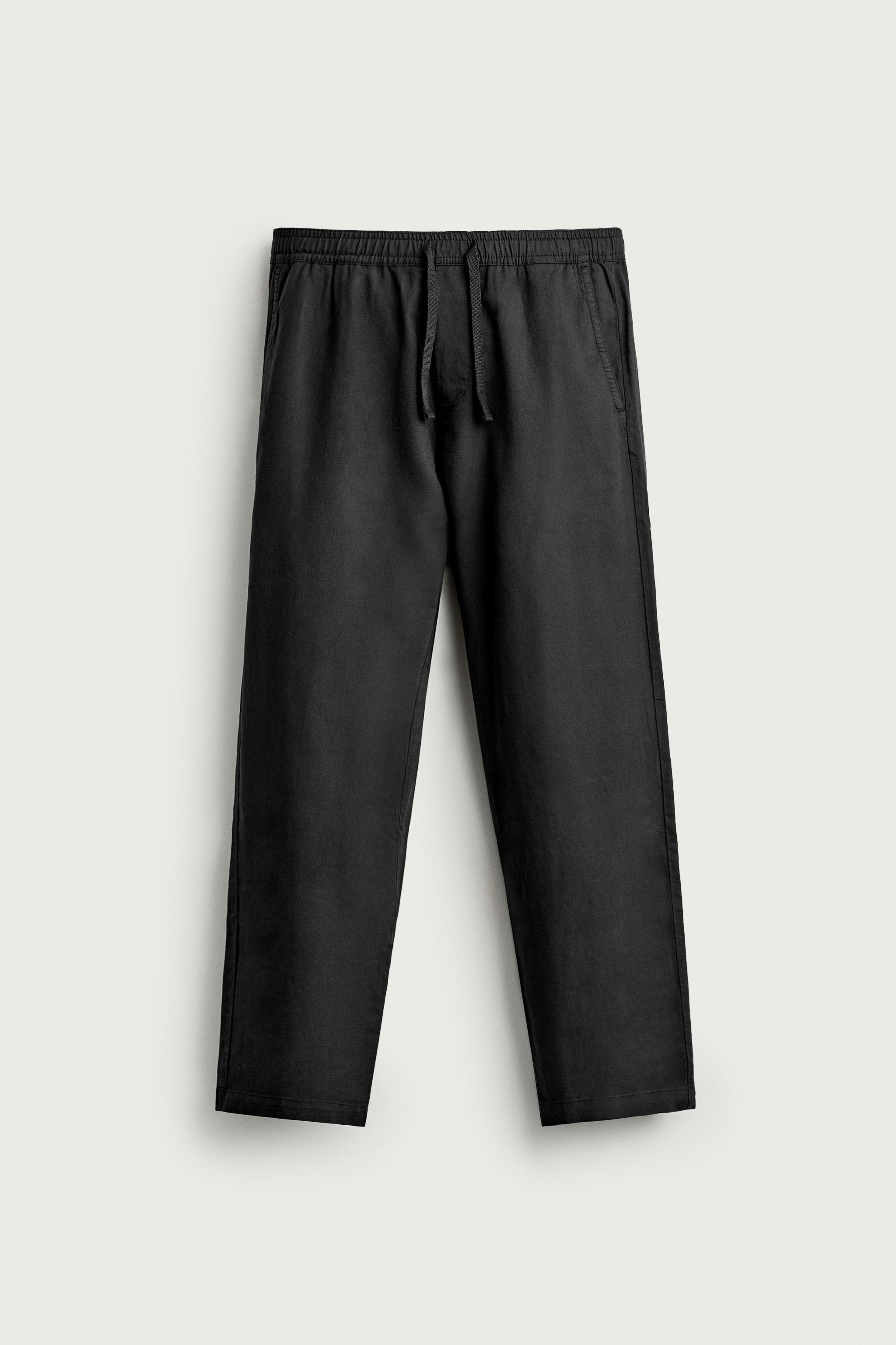 COTTON-LINEN RELAXED FIT PANTS — Black
