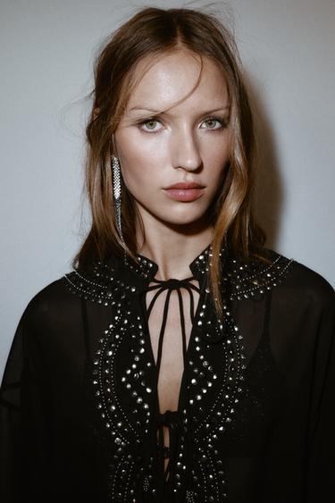 SEMI-SHEER BEADED BLOUSE - Black by Zara