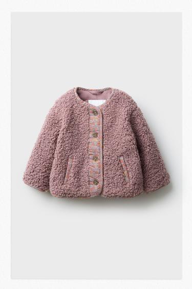 Zara LINED FLEECE COAT WITH FLOWERS - Magenta