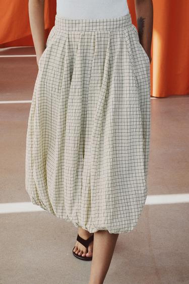 Zara ZW COLLECTION PLAID BALLOON SKIRT - Ecru / Black