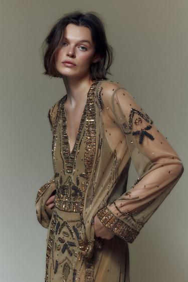 KIMONO MIT SCHMUCKPERLEN UND PAILLETTEN - Gold von Zara