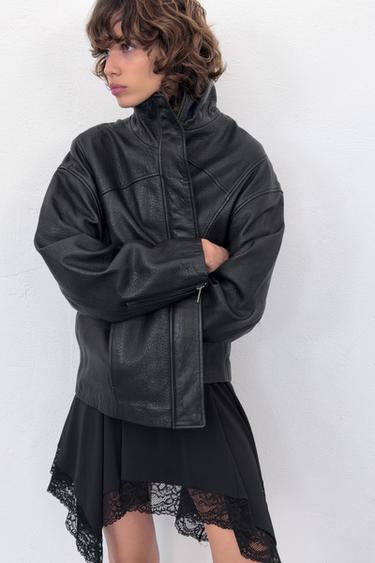 CAZADORA OVERSIZE PIEL 100% - Negro de Zara