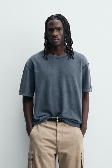 WASHED WAFFLE-KNIT T-SHIRT - Blue by Zara