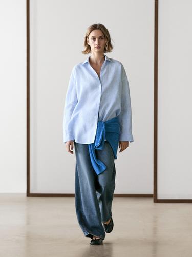 Camisa fluida rayas 100% lino - Celeste de Zara - Imagen 0