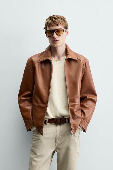REGULAR FIT LEATHER JACKET - Brandy by Zara