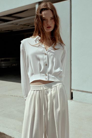 CAMISA CURTA COM PRESILHAS NOS OMBROS - Branco-marfim da Zara