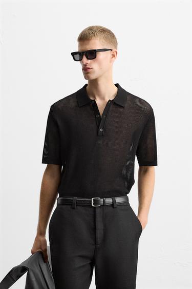 Zara KNIT LACE POLO SHIRT - Black