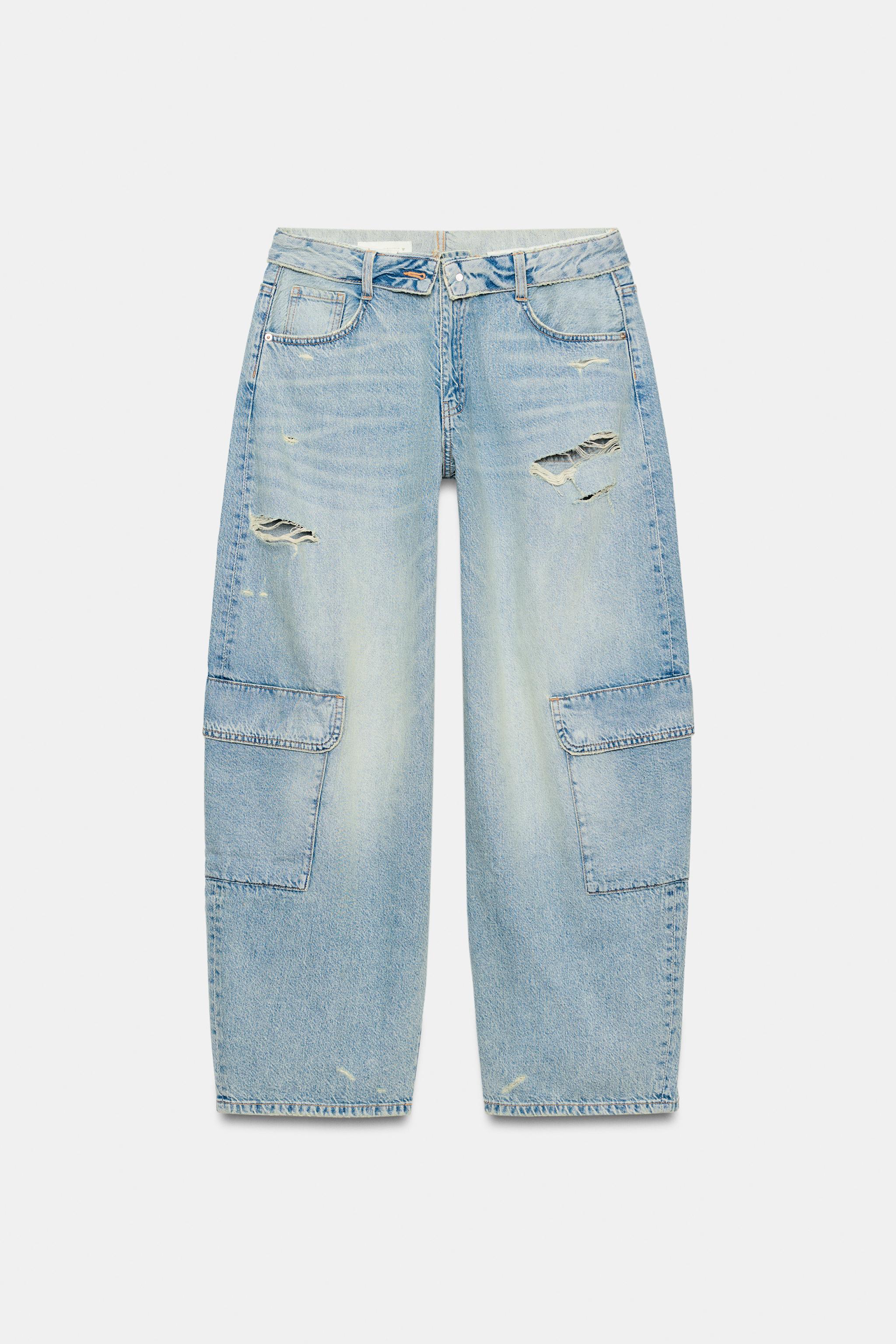 TRF OVERSIZED MID-RISE RIPPED CARGO JEANS - Light blue | ZARA