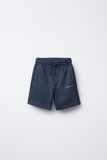 Zara RAISED TEXT STRAIGHT FIT PLUSH SHORTS - Mid-blue