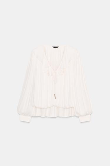 Zara SATIN EFFECT BLOUSE WITH RUFFLES AND SHOULDER PADS - Ecru