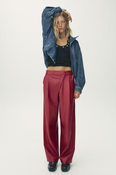 Zara FAUX LEATHER CROSSOVER WAIST PANTS - Red