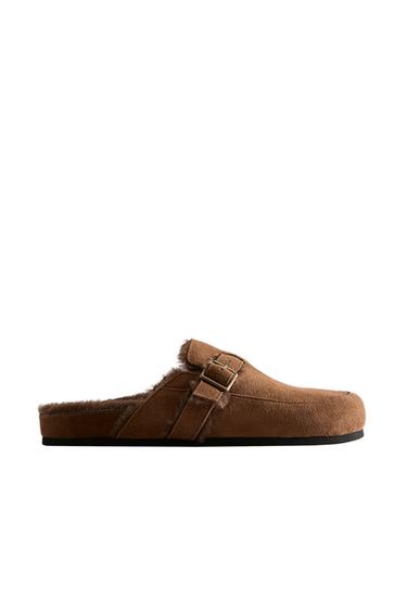 SABOT EN CUIR CHAUD À BOUCLE - Marron de Zara