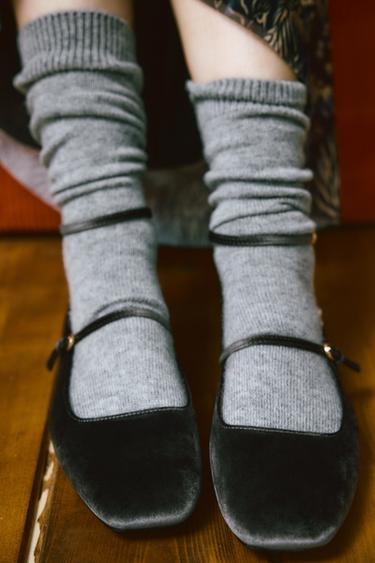 VELVET BALLERINAS WITH STRAPS - Grey by Zara