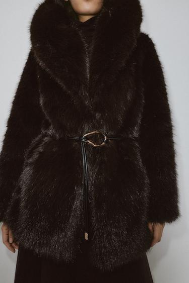 MANTEAU EFFET FOURRURE AVEC CEINTURE - Marron de Zara - Image 2