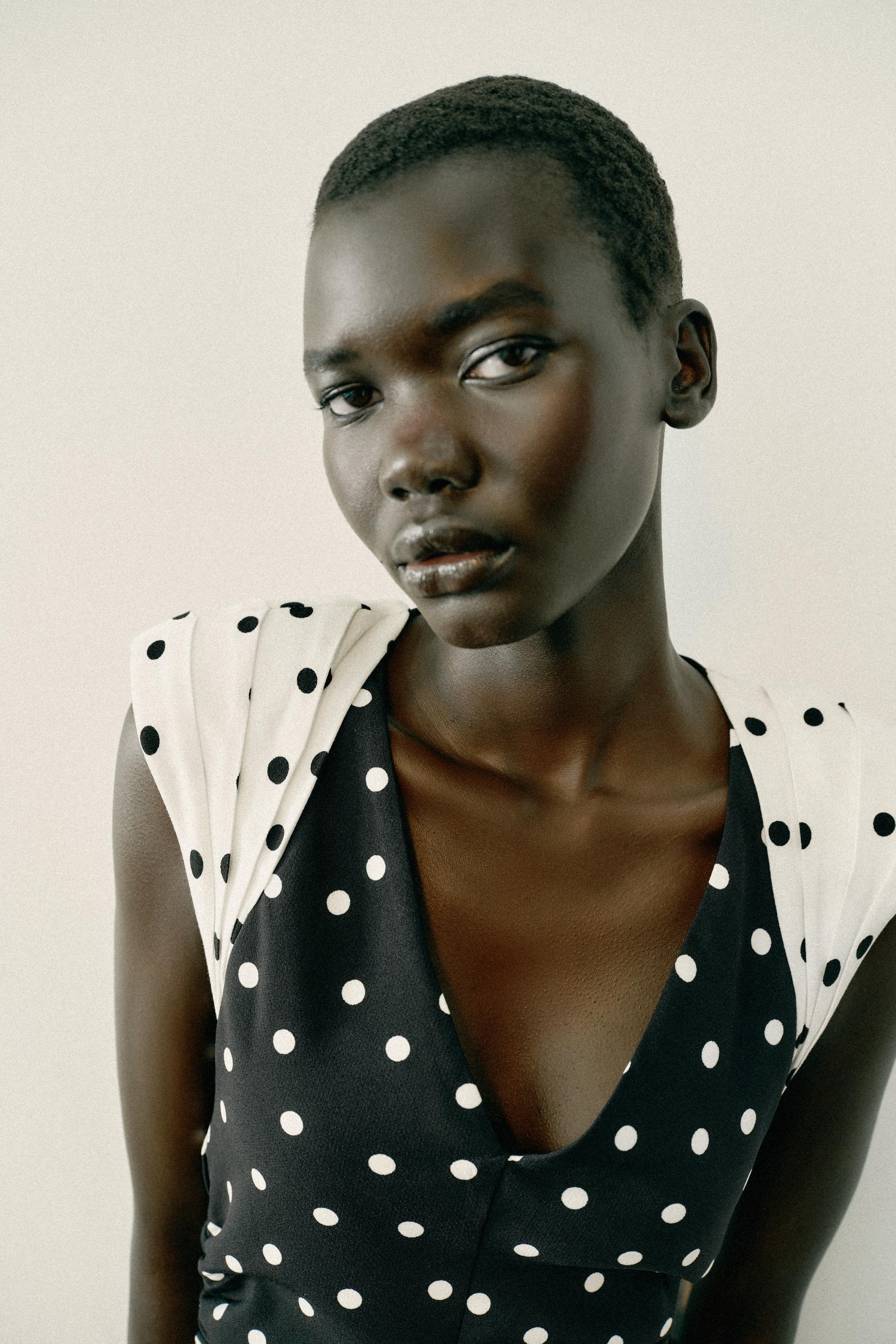 POLKA DOT MIDI DRESS WITH SHOULDER PADS