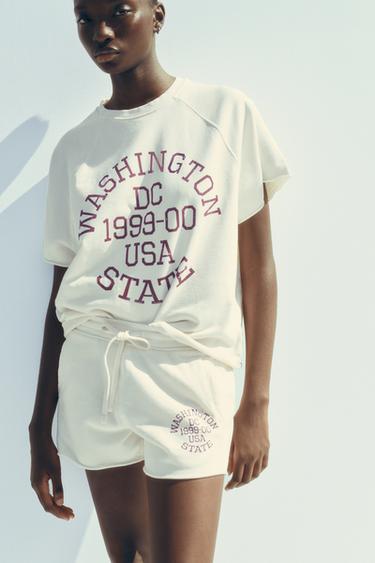 WASHED-EFFECT TEXT PLUSH SWEATSHIRT - Ecru by Zara - Image 1
