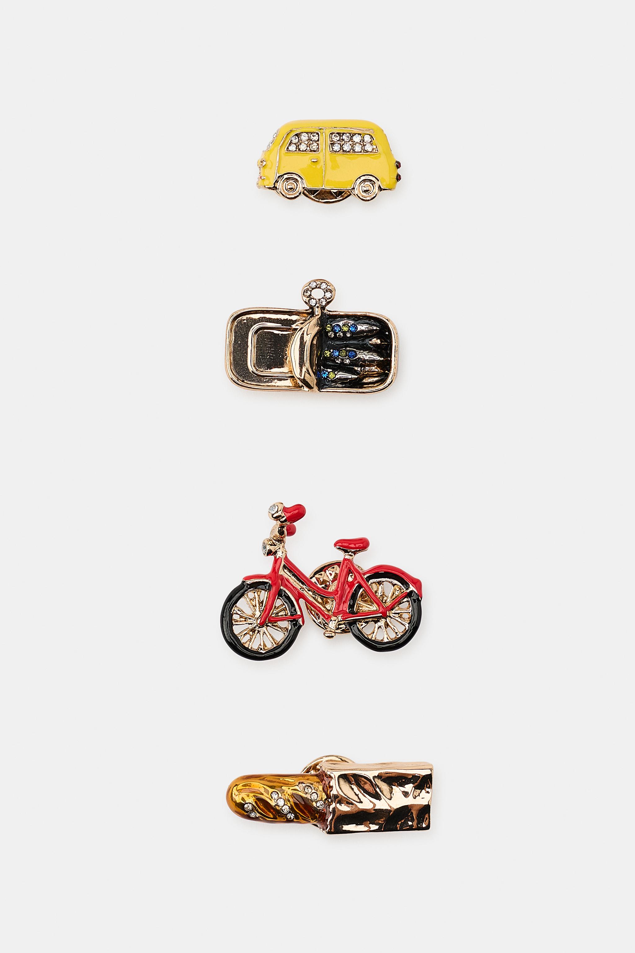 SET OF 4 BICYCLE, BREAD, SARDINE, AND BUS PINS — Golden