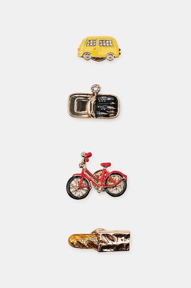 PACK OF 4 BICYCLE, BREAD, SARDINE AND BUS PINS - Golden by Zara