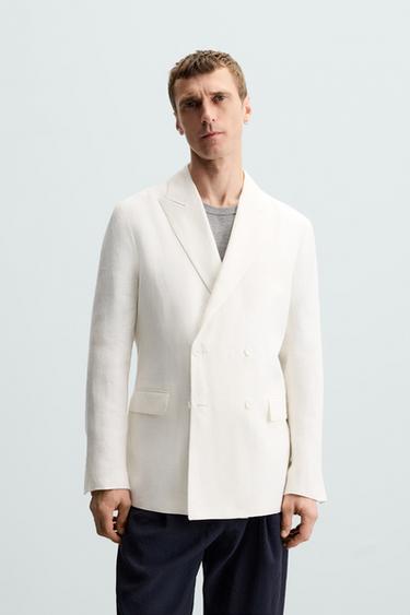 Zara 100% LINEN DOUBLE BREASTED BLAZER - White