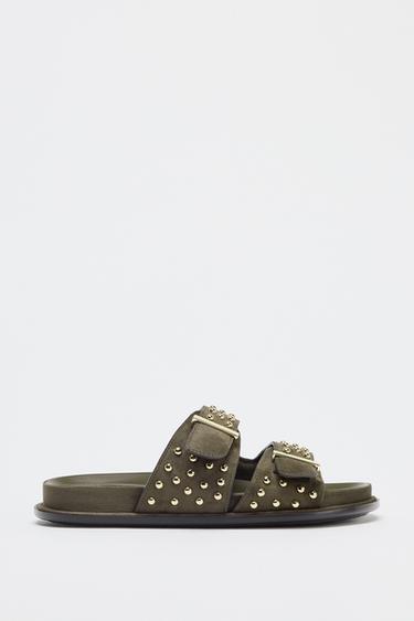 STUDDED BUCKLE SANDALS - Khaki Green by Zara