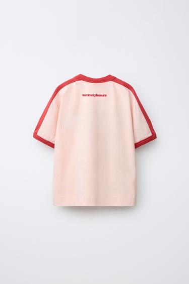 T-SHIRT WITH CONTRAST PIPING AND SLOGAN - Pink / White by Zara - Image 1