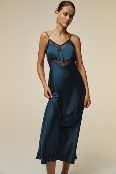 VESTIDO MIDI ESTILO LINGERIE COM RENDA - Azul-marinho-escuro da Zara
