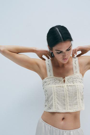 EMBROIDERED TOP WITH FLORAL BEAD DETAIL - Oyster-white by Zara