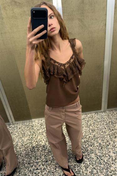 Zara RUFFLED EMBROIDERED TOP - Brown