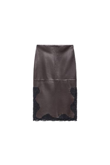 Front view of a burgundy skirt with a contrasting black lace hem and a hidden side zipper. Midi length and high-waisted.
