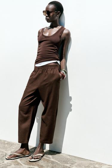 Zara LINEN BALLOON PANTS - Brown