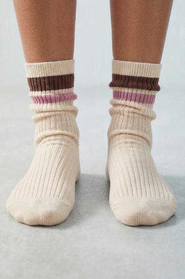 Zara STRIPED KNEE SOCKS - Ecru / Brown