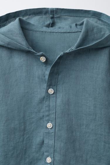 CHEMISE À CAPUCHE 100% LIN - Bleu pétrole de Zara - Image 3