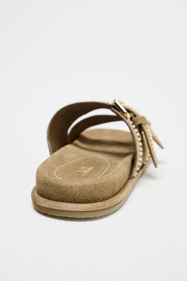 EMBROIDERED FLAT SPLIT SUEDE SANDALS - Sand Brown by Zara - Image 5