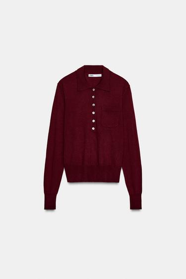WOOL POLO SHIRT WITH POCKET - Burgundy by Zara