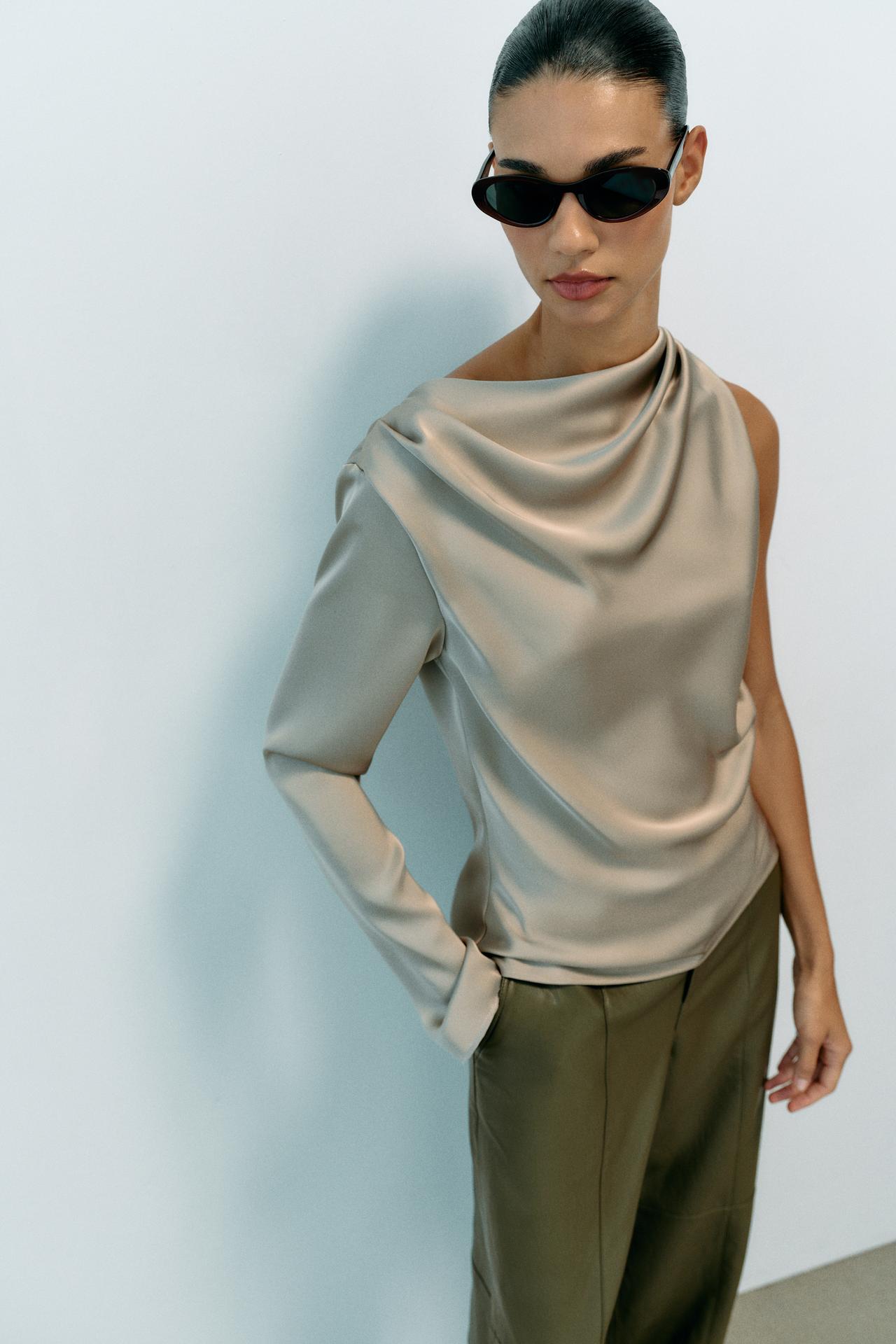 ASYMMETRIC SATIN BLOUSE — Soft gold
