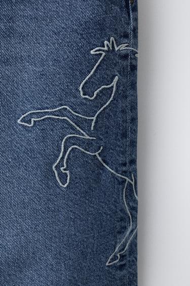 LOOSE FIT JEANS WITH EMBROIDERED HORSE - Mid-blue by Zara - Image 3