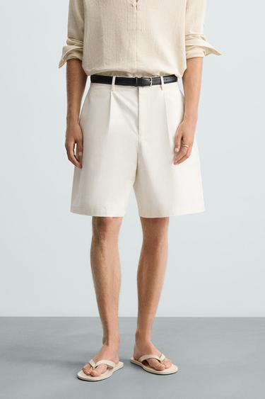Zara COTTON LINEN PLEATED SHORTS - White