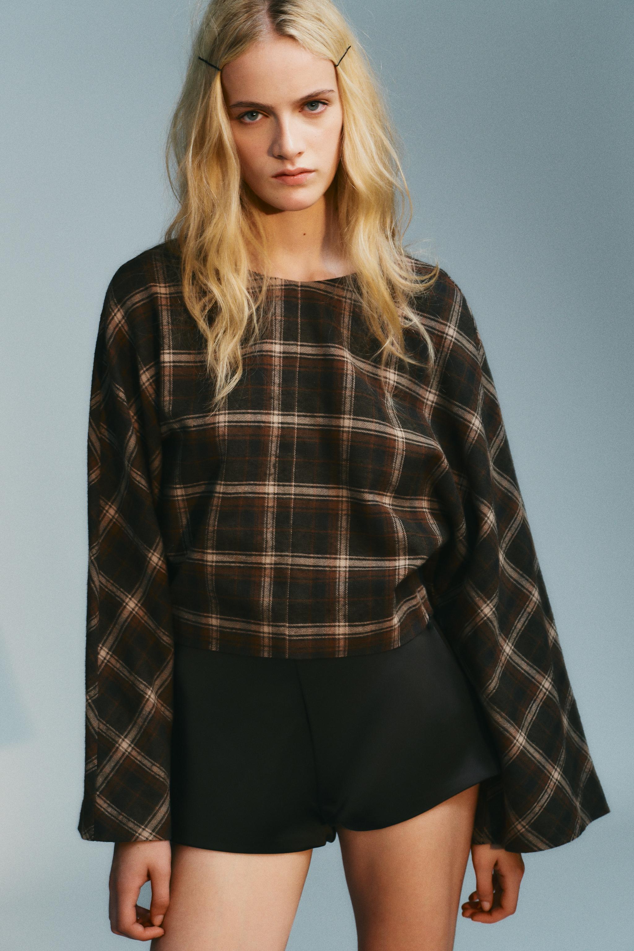 PLAID COTTON TOP - Dark khaki | ZARA United States