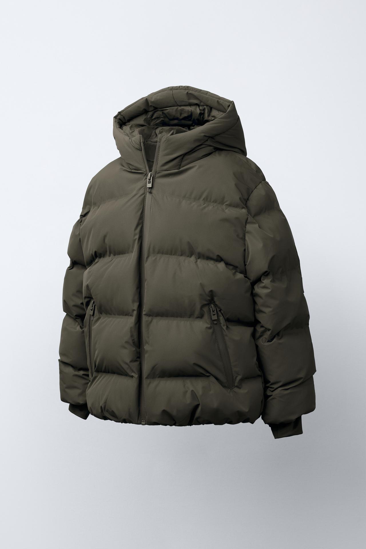 WATER REPELLENT LABEL PUFFER COAT — Brown / Taupe